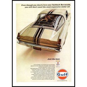 1966 Gulf Single-G Motor Oil Plymouth Barracuda Fastback Vintage Print Ad Photo